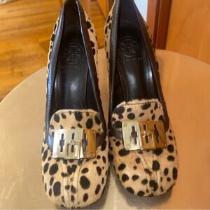 Tory Burch Leopard Print Pony Hair Women's Heeled Loafers Gold Buckle 6.5